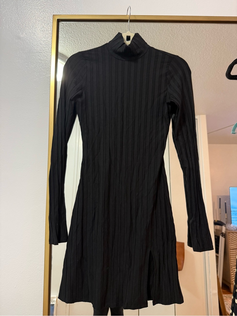 Reformation Black Ribbed Long-Sleeve Turtleneck Dress